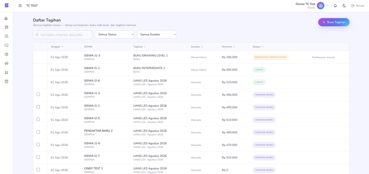 Tampilan Daftar Tagihan di dashboard admin STRAVIALIX — daftar SPP, buku, dan status pembayaran per siswa