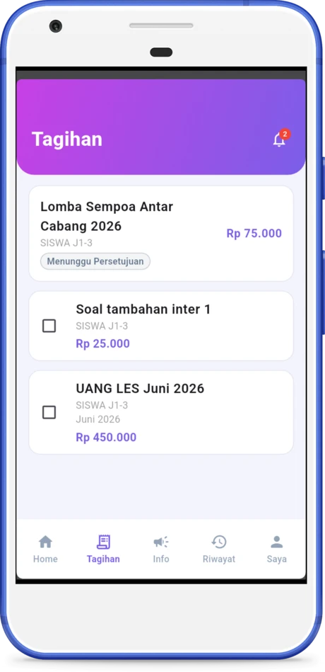 Layar Tagihan di aplikasi orang tua STRAVIALIX — daftar tagihan anak siap dibayar