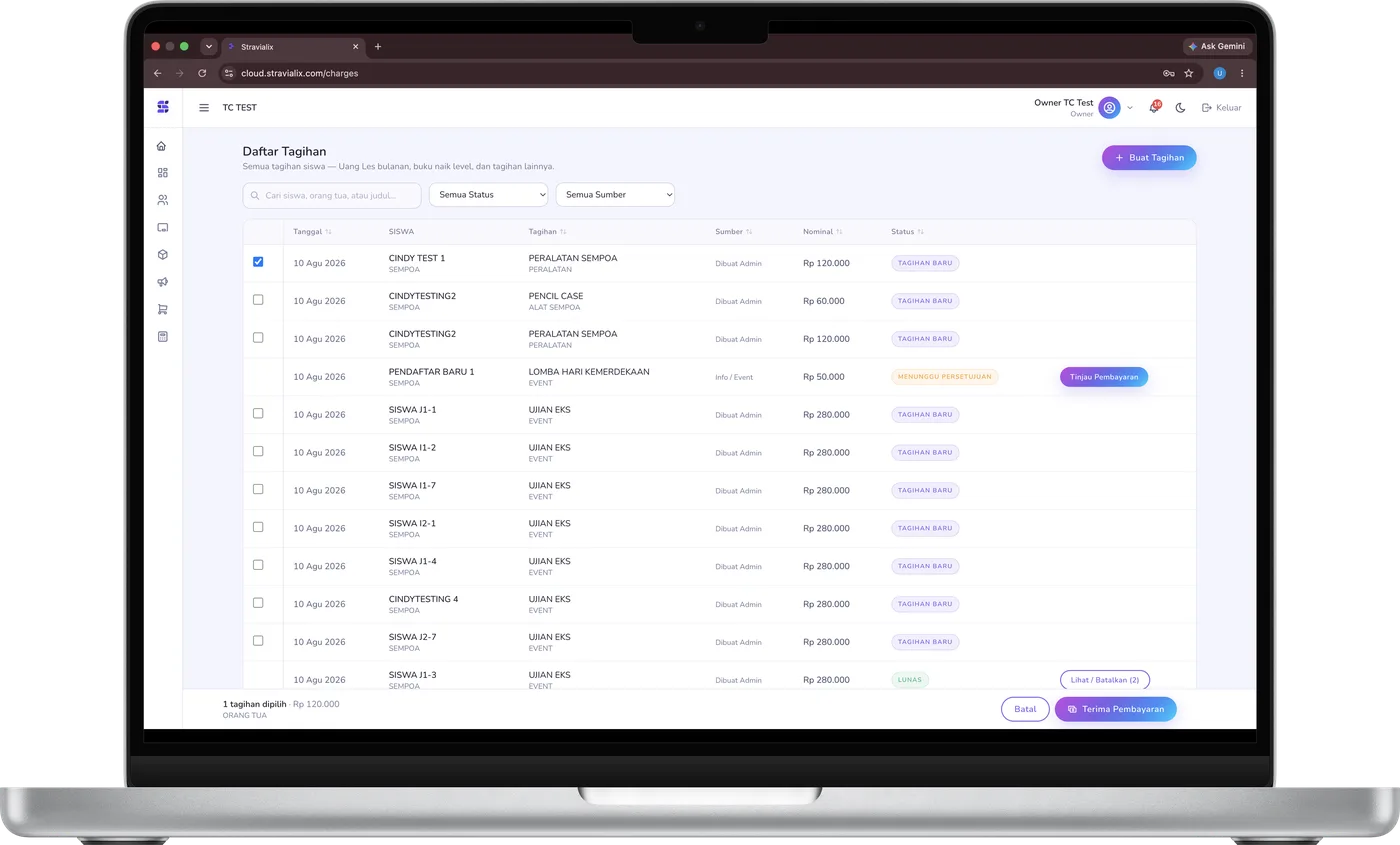Halaman Daftar Tagihan di dashboard admin STRAVIALIX — tagihan siswa terpilih dan tombol Terima Pembayaran