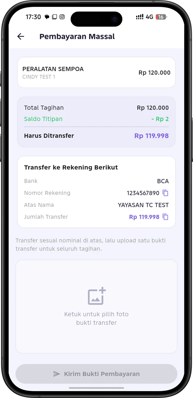 Layar Pembayaran Massal di aplikasi orang tua STRAVIALIX — rincian tagihan, nomor rekening tujuan, dan tombol unggah foto bukti transfer