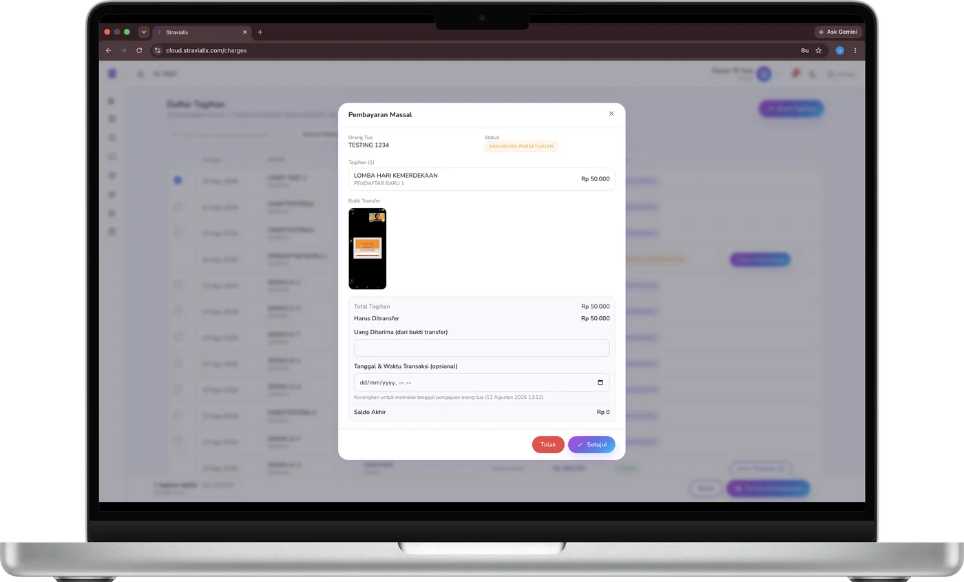 Dialog tinjau pembayaran di dashboard admin STRAVIALIX — foto bukti transfer, uang diterima, dan tombol Setujui